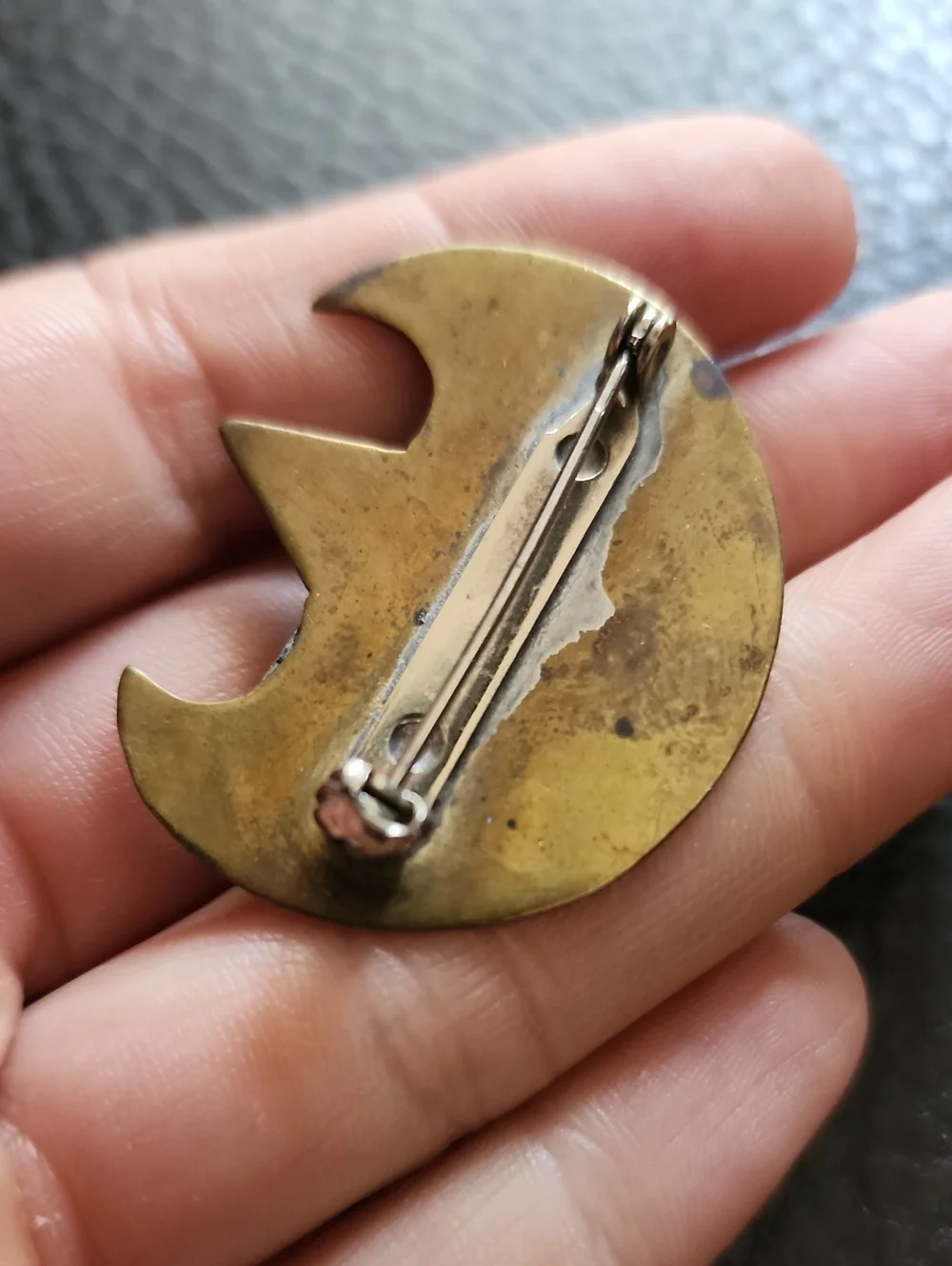 VTG Brass-tone Crescent & Star Brooch with Blue Cabochon